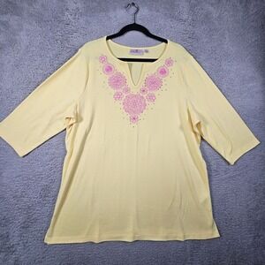Quacker Factory Top Womens 1X Yellow Floral Embroidered Artsy Cruise Resort Wear